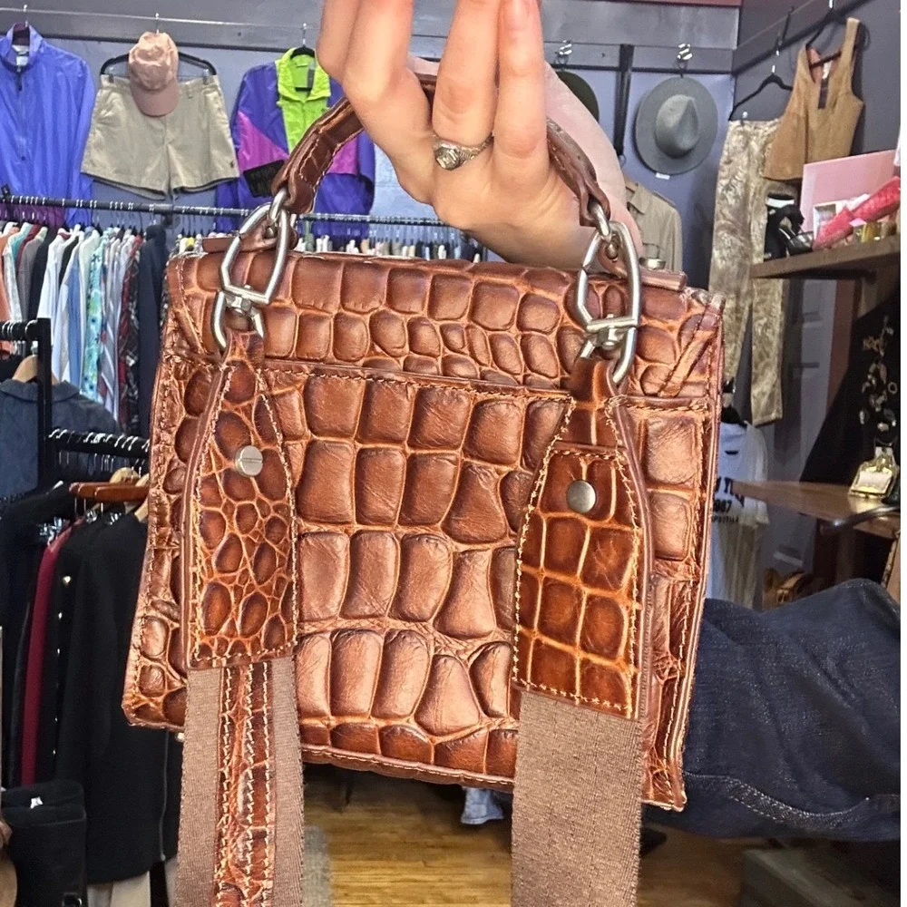 Liebeskind Berlin Brown Croc Embossed Leather Top Handle Crossbody Satchel Bag